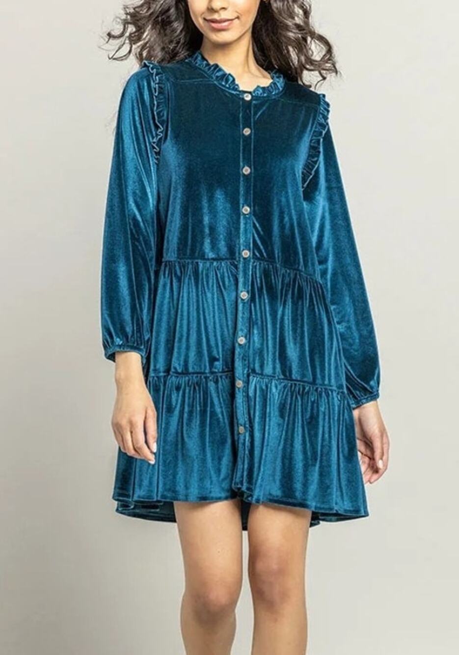 Pink Chicken Kalani Crushed Velvet Tiered Dress Womens S Blue Romantic Ruffle